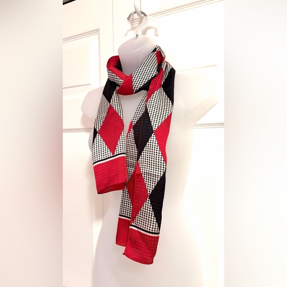 Echo 100% Silk Scarf Red White and Black Diamond Harlequin Pattern 11”x 59” - Picture 3 of 11